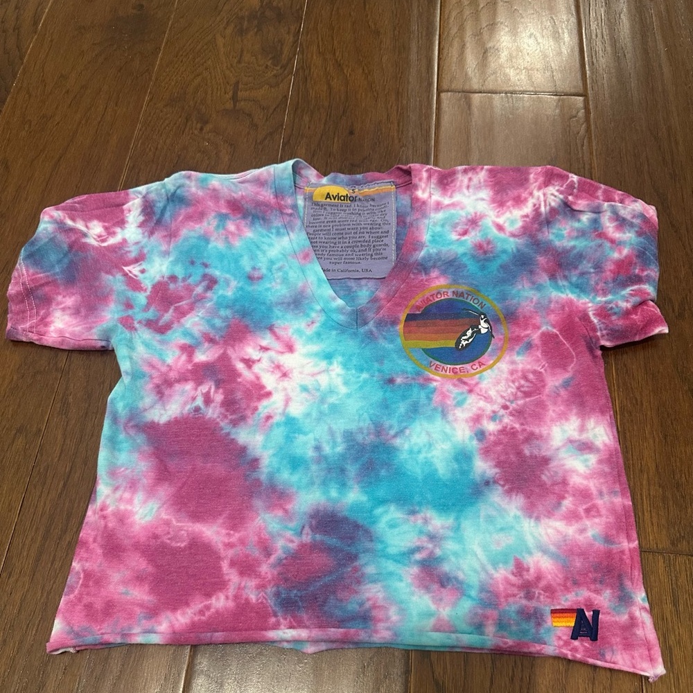 Aviator Nation Pink & Aqua Tie-Dye V-Neck Tee Size S - Picture 2 of 5